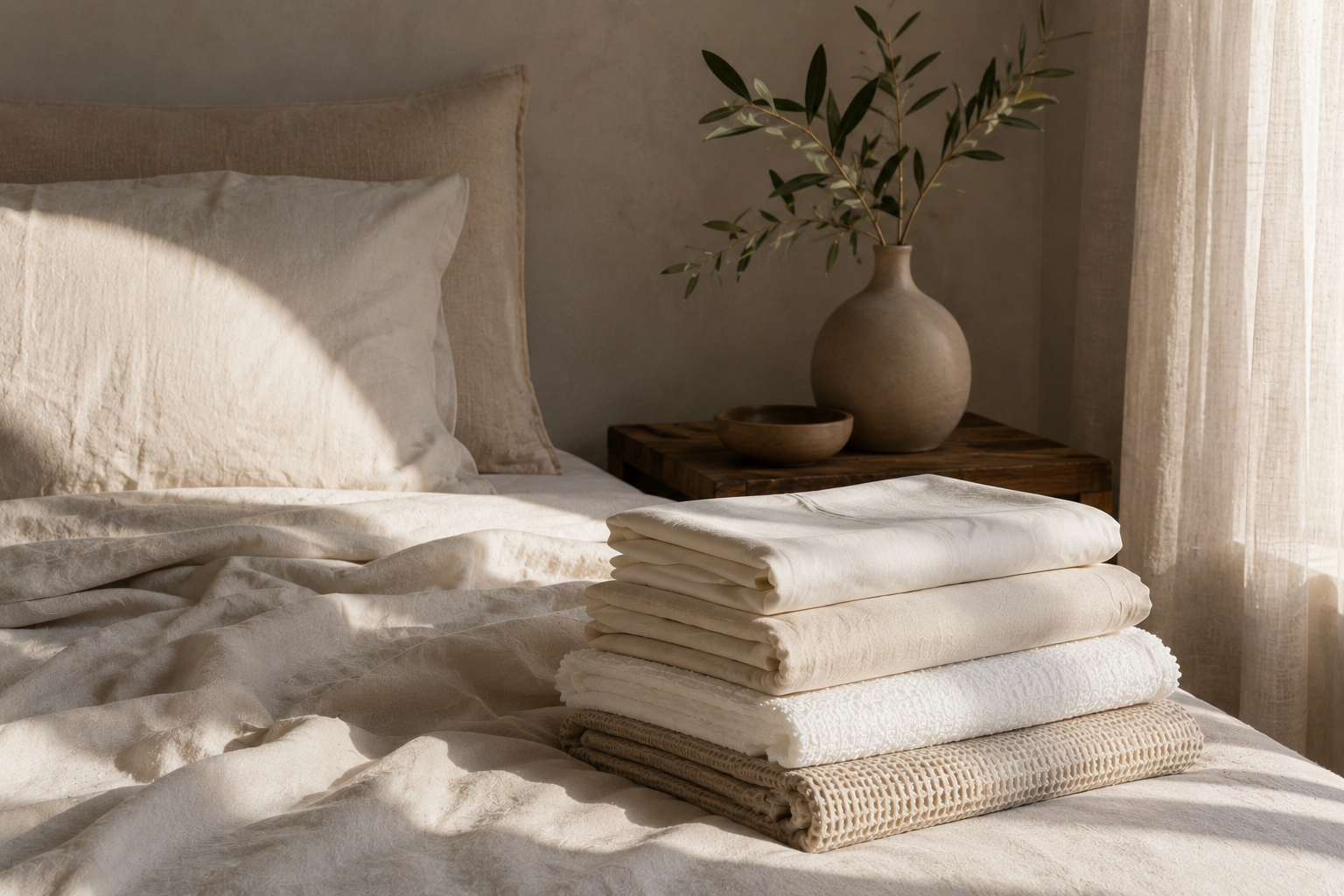 Layered Egyptian cotton bedding and textured home textiles in a warm Home of Linen bedroom